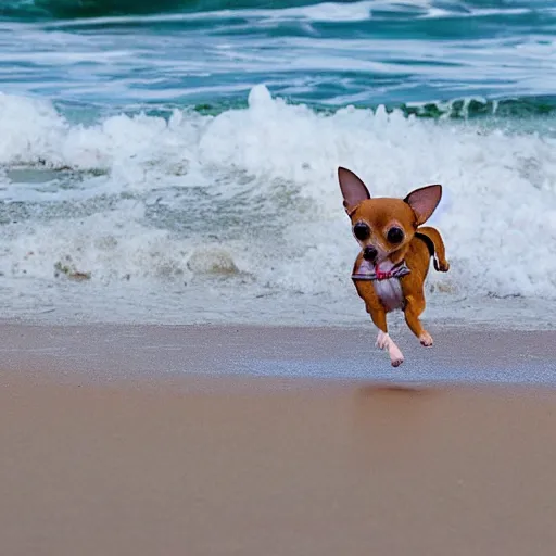 Image similar to a chihuahua running through the surf on the beach