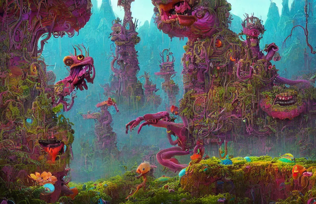 Image similar to a beautiful painting of an aaahh!!! real monsters park by james gurney and beeple, a detailed matte painting by android jones, cgsociety, psychedelic art, detailed painting, greeble, biomorphic :. 3, unreal engine :. 4