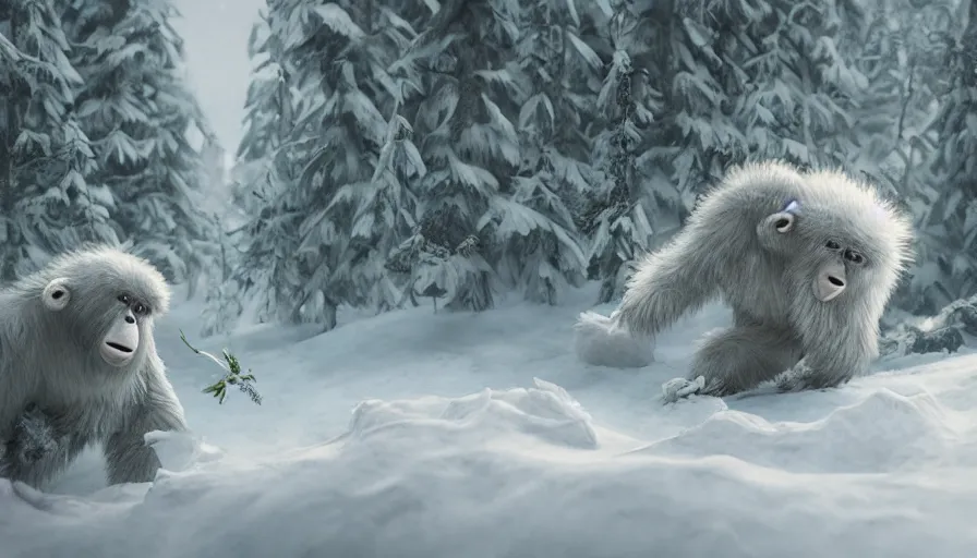 baby yeti harvesting flowers in the snowy forest,, Stable Diffusion