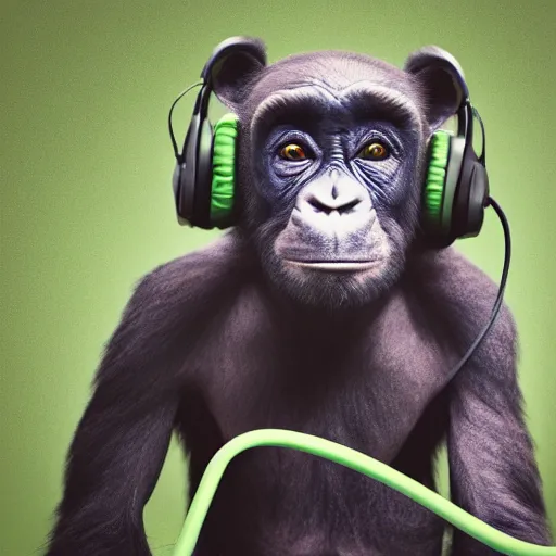 Image similar to a high quality photo of a green chimp wearing headphones, realism, 8k