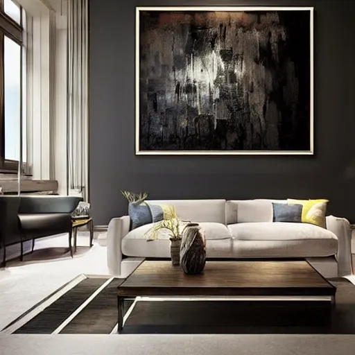 Prompt: mockup photo of luxury contemporary interior with large paintings for rich collectors, trending on pinterest, ultra - realistic sharp hdr cinematic lighting 8 k