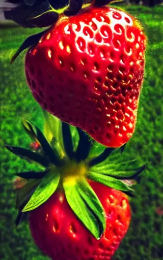 Image similar to iphone photo of a strawberry flower, wide angle, grainy