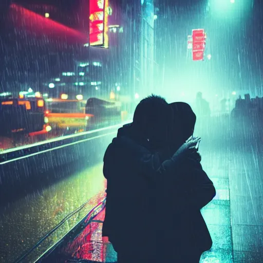 Prompt: hugging the love of your life in the rain at night in a modern chinese city on a bridge, volumetric lighting, realistic illustration, perfectly shaded, soft painting, dreamlike, neon signs, moody lighting, artstation, backlight, bokeh, silhouette