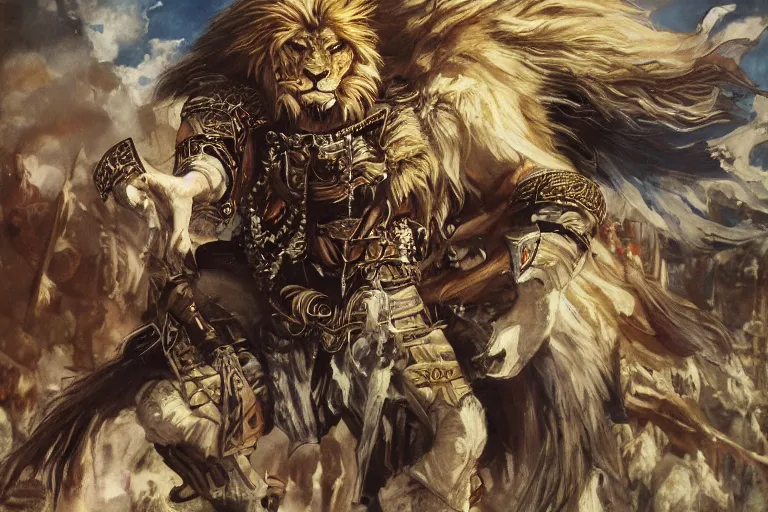 Image similar to 8k Yoshitaka Amano painting of upper body of a young cool looking lion beast-man at a medieval market at windy day. White mane, Depth of field. He is wearing complex fantasy armors. He has huge paws. Renaissance style lighting.