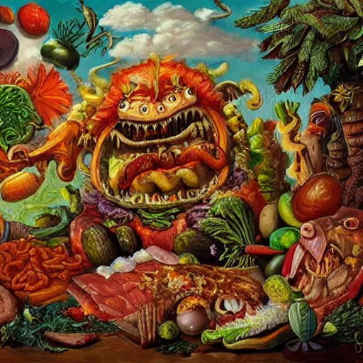 Prompt: a high detailed painting of a monster made of meat, chicken and junk food fighting with a monster made of vegetables and fruits, surrealism, magic realism bizarre art