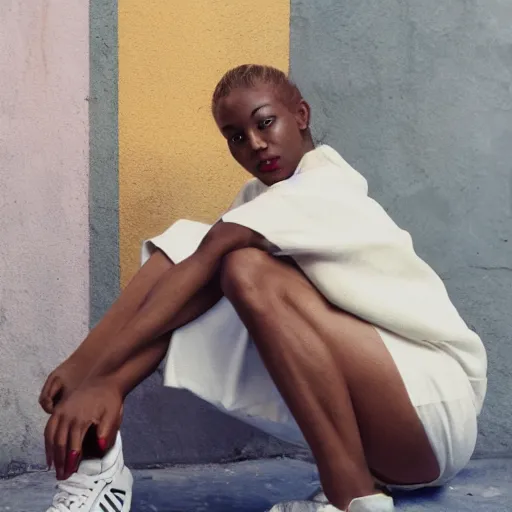 Image similar to realistic photoshooting for a new adidas lookbook, color film photography, portrait of a beautiful blonde woman, in style of Nadine Ijewere, Myles S. Golden, David Uzochukwu, Davey Adesida, Joshua Woods, Abdourahman Njie 35mm, film photo