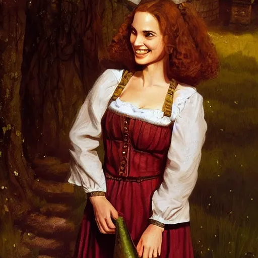 Prompt: young, curly haired, redhead Natalie Portman as a optimistic, cheerful!, giddy medieval innkeeper. dark shadows, colorful, candle light, law contrasts, fantasy concept art by Jakub Rozalski, Jan Matejko, and J.Dickenson