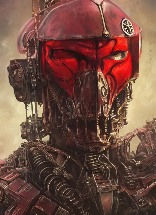 Image similar to portrait of rotten Nicolas Cage as adeptus mechanicus in red hood and robe from Warhammer 40000. Highly detailed, artstation, illustration by and John Blanche and zdislav beksinski and wayne barlowe