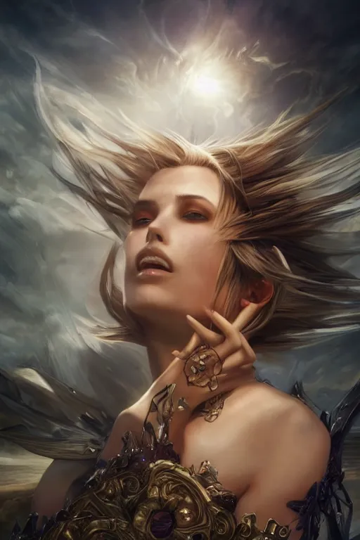 Image similar to seductive looking final fantasy x, windy hair!!, screaming, surreal dark fantasy, cinematic volumetric lights, full body portrait, dnd, intricate, elegant, highly detailed, digital painting, artstation, concept art, smooth, sharp focus, illustration, art by artgerm and tom bagshaw and greg rutkowski and alphonse mucha
