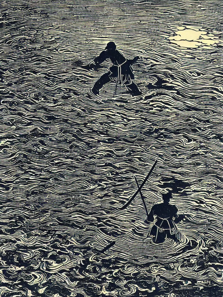 Image similar to old printmaking woodblock print of a samurai (in the middle of the composition, centered) with a katana standing in water with ripples around him, a big sun above. beautiful dark fantasy, 8k detail