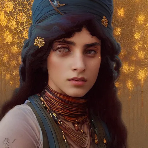 Prompt: A twenty year old Mesopotamian witch in training, in a major Mesopotamian city, highly detailed, digital painting, artstation, concept art, sharp focus, illustration, cinematic lighting, art by artgerm and greg rutkowski and alphonse mucha