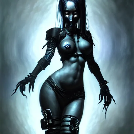 Image similar to portrait of a female cybergoth grim dark, dark, piercing eyes, exotic expression, esoteric clothing, photorealistic, highly detailed, mysterious lighting, artstation, smooth, sharp focus, art by michael whelan, artgerm, greg rutkowski and luis royo