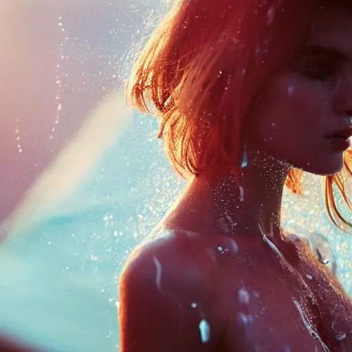 Image similar to filmstill photography of female body covered with wet white translucent blanket acrylic liquid colors, luxurious supermodel photoshooting, golden jewelry, bokeh, godrays, strong wind, wrinkles, sunrays, sunset, lens flares