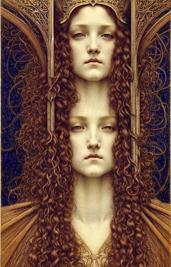 Image similar to detailed realistic beautiful young medieval queen face portrait by jean delville, gustave dore and marco mazzoni, art nouveau, symbolist, visionary, gothic, pre - raphaelite. horizontal symmetry