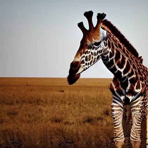 Prompt: a giraffe with the stripes of a zebra 8k photograph
