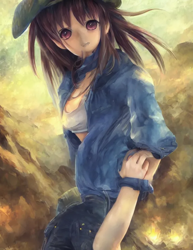 Prompt: scenic wide angle portrait of a teenage girl in a coal mine, blue jeans outfit, anime in fantasy style, trending artwork, made with anime painter studio, by anato finstark, tony sart, marc simonetti and an anime artist, collaboration