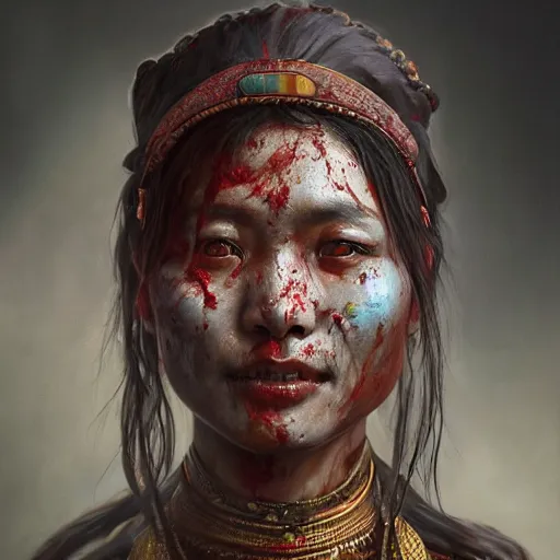 Image similar to portrait painting of a bloodied nepali female butcher from behinf, ultra realistic, concept art, intricate details, eerie, highly detailed, photorealistic, octane render, 8 k, unreal engine. art by artgerm and greg rutkowski and alphonse mucha