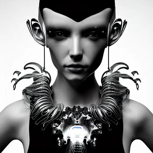 Image similar to portrait of an absurdly beautiful, graceful, sophisticated, fashionable cyberpunk mechanoid gravure idol, ultrafine hyperdetailed illustration by irakli nadar, matt wisniewski style, intricate linework, porcelain skin, neon jellyfish headdress, iridescent siamese fighting fish necklace, unreal engine 5 highly rendered, global illumination, radiant light, detailed and intricate environment