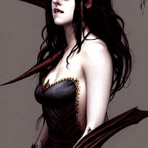 Image similar to Beautiful Kristen Stewart as Bat Girl, western, D&D, fantasy, intricate, elegant, highly detailed, digital painting, artstation, concept art, matte, sharp focus, illustration, art by Artgerm and Greg Rutkowski and Alphonse Mucha