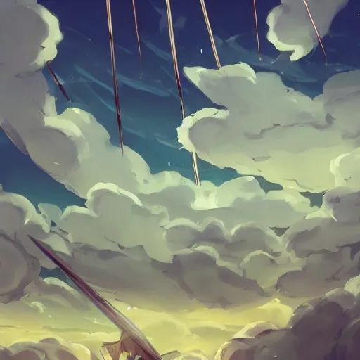 Prompt: background art of spaciously scattered longswords flowing and floating through the blowing swirling directional wind from left to right on a simple cloudy sky background, big puffy clouds, large individual rose petals, angular background elements, large polygonal fragments, anime, studio ghibli, artgerm, manga, trending on artstation, art nouveau, mature color scheme