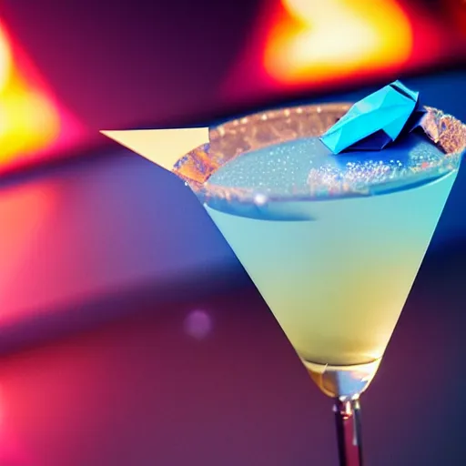 Prompt: a 3 d rendered movie still, 4 k, wide - angle medium - shot. on top of a bar, a blue hawaiian martini martini next to a small origami bird. a dart board on a wall in the background. it's happy hour, high - energy. imax, 7 0 mm dramatic lighting, digital art, photorealistic, ultra detail blade runner