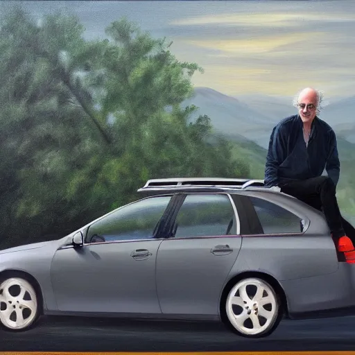 Prompt: larry david standing on top of prius, painting