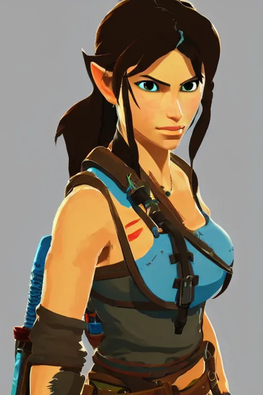 Image similar to an in game portrait of lara croft from the legend of zelda breath of the wild, breath of the wild art style.