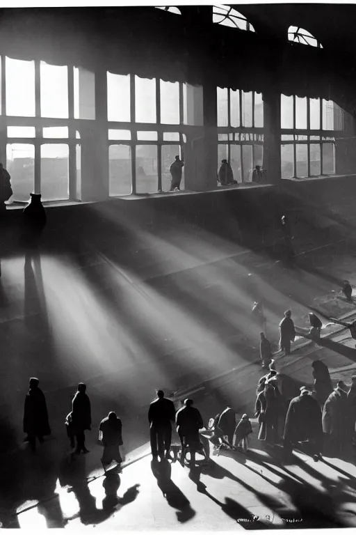 Prompt: people inside of a tall railway station and light breaks through the window, photo by Brassaï,