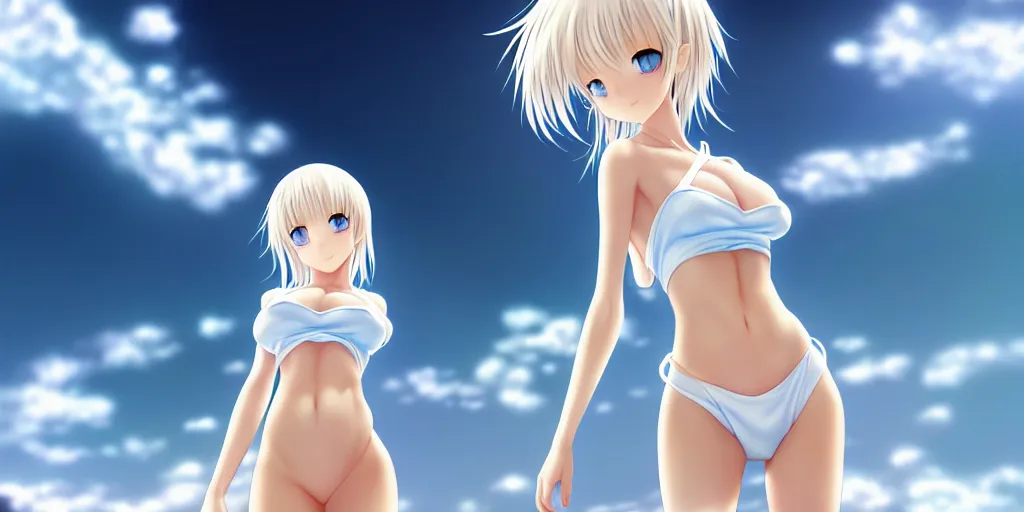 Image similar to tiny father a tall daughter picture : a very beautiful young blond anime girl, sky blue eyes, bikini, white miniskirt, highly detailed, cinematic wallpaper by stanley artgerm lau