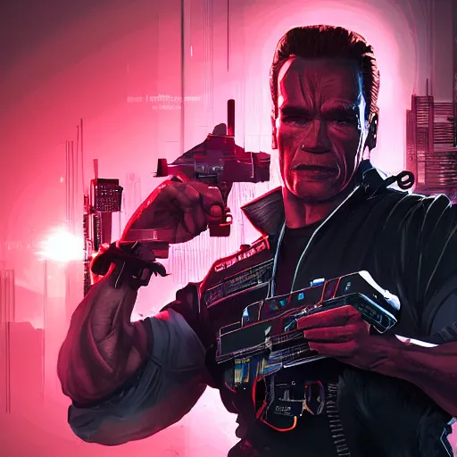 Prompt: cyberpunk arnold schwarzenegger from the movie red heat as the leader of a futuristic communist society, cybernetics, sharp lines, digital, artstation, colored in