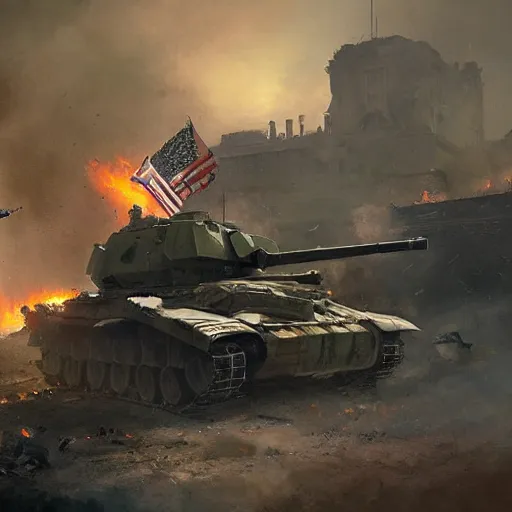 Image similar to Tank battle in the White house, amid destruction and fire by Greg Rutkowski