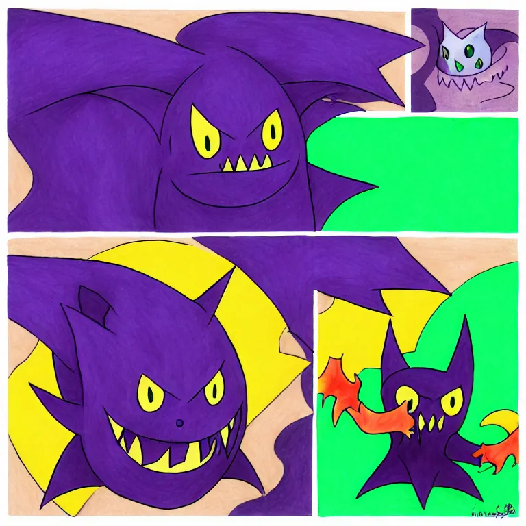 Prompt: gastly haunter gengar and mega gengar transformation collage, colorful line drawing, pencil, colored pencil, vibrant, colorful