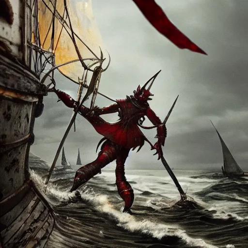 Image similar to a photo of the Lobster Knight walking onto an old run down sailship with a claw arm and a human arm holding a sword, 8k, hyper realistic,fine details, foreboding