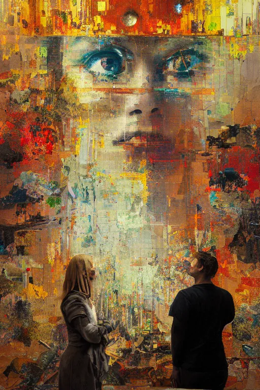 Image similar to a beautiful glitched painting by robert proch of people in front of a painting in a museum gallery, metal rust and plaster materials, pixel sorting, color bleeding, brushstrokes by jeremy mann, still life, dark colors