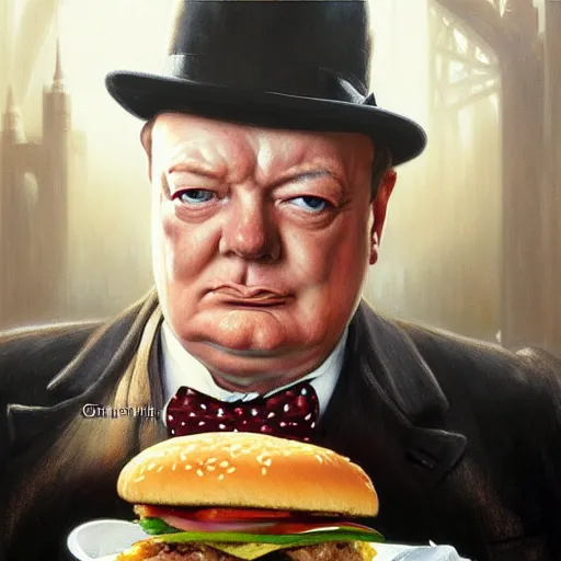 Prompt: portrait of winston churchill eating hamburgers, extra onions and ketchup, luscious patty with sesame seeds, feminine ethereal, handsome, d & d, fantasy, intricate, elegant, highly detailed, digital painting, artstation, concept art, matte, sharp focus, illustration, art by artgerm and greg rutkowski and alphonse mucha