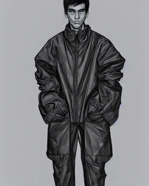 Prompt: rough marker sketch of a male model wearing a baggy menswear moto jacket by issey miyake, 4 k, astonishing detail, studio lighting, wide angle lens