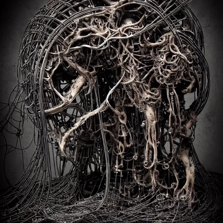 Prompt: portrait of abandoned ribbed biomechanical mechanical organic sculpture of two kissing cyborgs, covered with wires, spines, roots, ash, mold, meat, baroque painting, standing in a desolate empty wasteland, creepy, nightmare, dream-like heavy atmosphere, dark fog, surreal abandoned buildings, baroque painting, beautiful detailed intricate insanely detailed octane render trending on Artstation, 8K artistic photography, photorealistic, volumetric cinematic light, chiaroscuro, zoomed out, Raphael, Caravaggio, Beksinski, Giger
