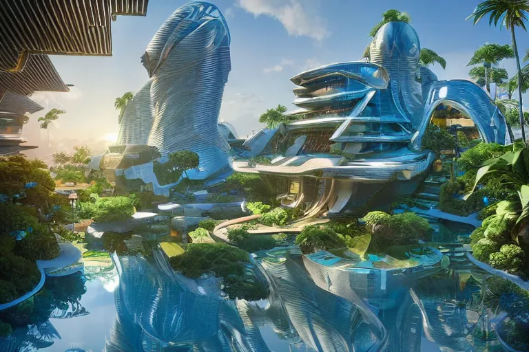 Prompt: highly detailed futuristic hawaii architecture by frank lloyd wright and antoni gaudi, reflective lighting, holographic, stylized vegetation, ground - level view, puddles of gold water, stunning sunny lighting, sunrise, by vincent di fate and james jean, 8 k, matte painting, ray tracing, unreal engine 5, octane render, cyberpunk, vibrant