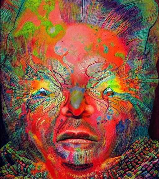 Image similar to Portrait painting in a style of Beksinski mixed with Alex Grey of an old shaman dressed in a colorful traditional clothes. psychodelic