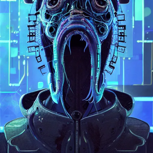 Image similar to portrait of a squid monster. intricate abstract. cyberpunk, intricate artwork. neon eyes, by Tooth Wu, wlop, beeple. octane render, trending on artstation, greg rutkowski very coherent symmetrical artwork. cinematic, hyper realism, high detail, octane render, 8k, minimalistic, hyperrealistic surrealism, award winning masterpiece with incredible details, a surreal vaporwave liminal space, highly detailed, trending on ArtStation