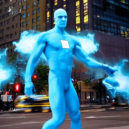 Prompt: “New Photograph of a Dr. Manhattan stomping through New York City. Associated Press photograph.”