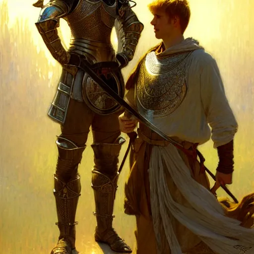 Image similar to attractive arthur pendragon and his attractive male knight, they are in love, natural lighting, path traced, highly detailed, high quality, digital painting, by gaston bussiere, craig mullins, alphonse mucha j. c. leyendecker