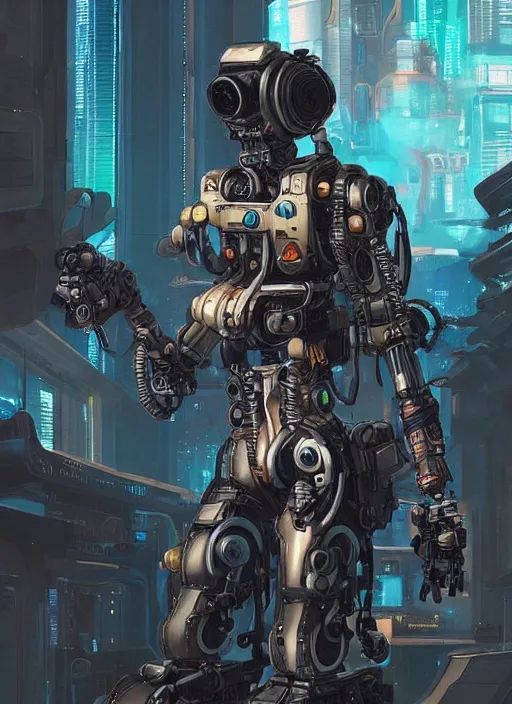 Image similar to cyberpunk pathfinder robot from apex legends character portrait, portrait, concept art, intricate details, highly detailed, vintage sci - fi