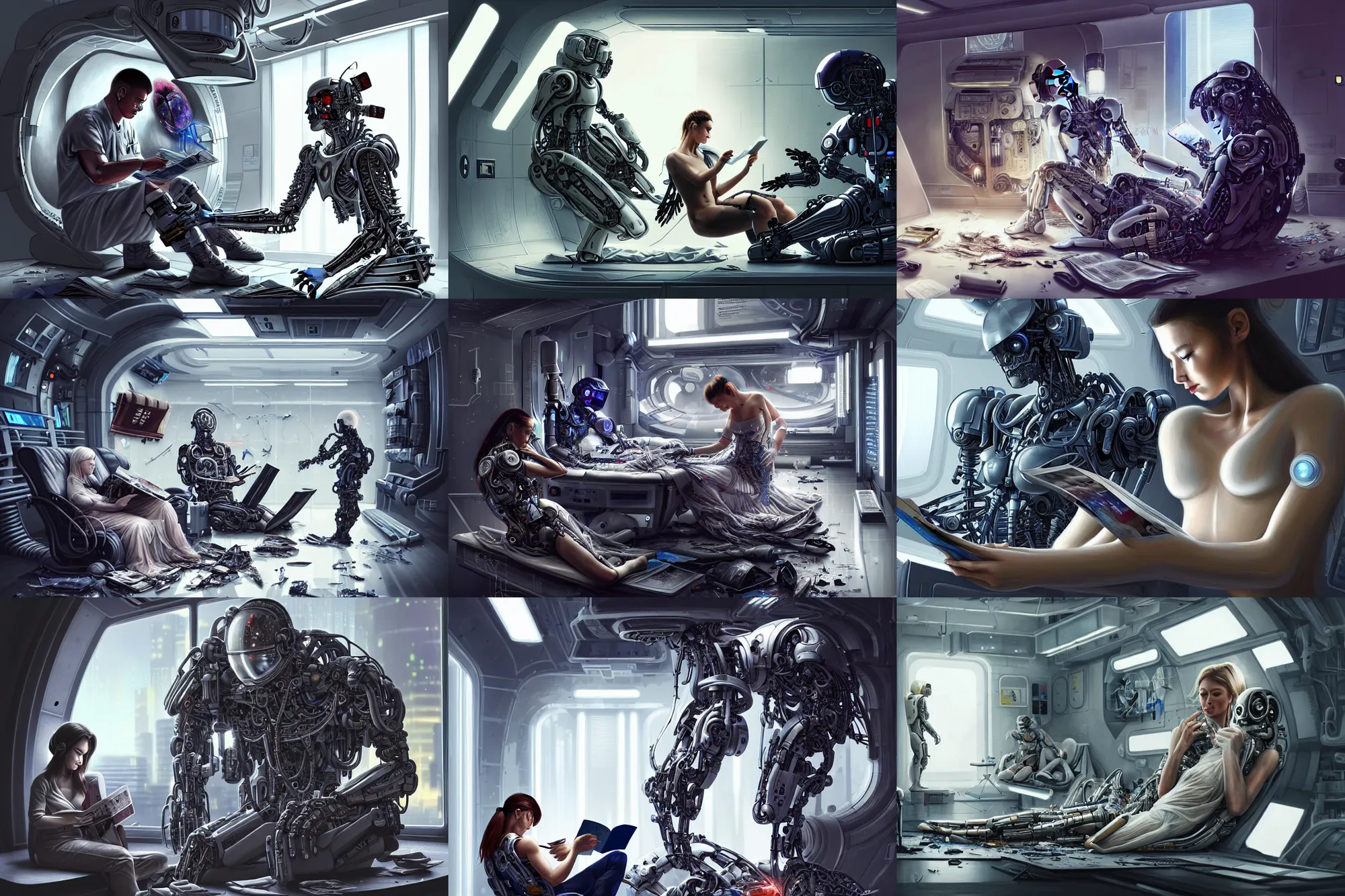 Prompt: Ultra realistic illustration, beautiful alluring damaged cyborg being put back together while reading a magazine, in an super advanced military medical bay, in a crashed spaceship, while a beautiful alluring astronaut soldier looks on, cyberpunk, sci-fi, fantasy, intricate, elegant, highly detailed, digital painting, artstation, concept art, smooth, sharp focus, illustration, art by artgerm and Yizheng Ke and Yintion J - Jiang Geping and Greg Rutkowski and KyuYong Eom and alphonse mucha