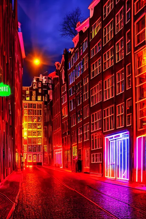 Image similar to neon streets of amsterdam, 4 k, award winning photo, cyberpunk style