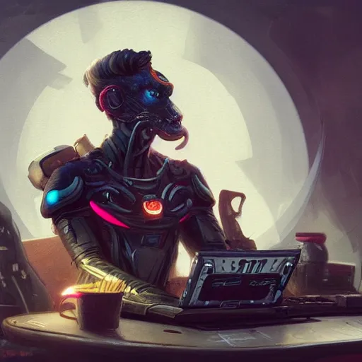 Prompt: a insanely detailed painting of a nft superhero wearing a costume, sitting at a computer desk, nervously and clicking on the mouse, in the style of peter mohrbacher, dramatic lighting and composition, trending on artstation, concept art, comic book