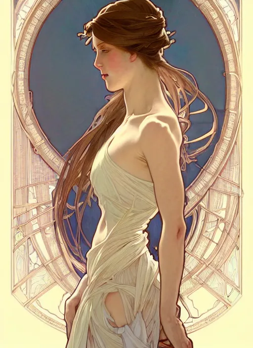 Image similar to digital character concept art by artgerm and greg rutkowski and alphonse mucha. clear portrait of a modern young wife blessed by god to uncontrollably become overwhelmingly perfect!! blonde, full - figure in clothes, obviously feminine holy body!! light effect. hyper detailed, glowing lights!! intricate, elegant, digital painting, artstation, smooth, sharp focus