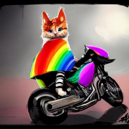 Image similar to wide angle full body, jacket wearing fluffy cute rainbow kitten wearing a black leather motorcycle jacket, riding on a motorcycle, cinematic concept art