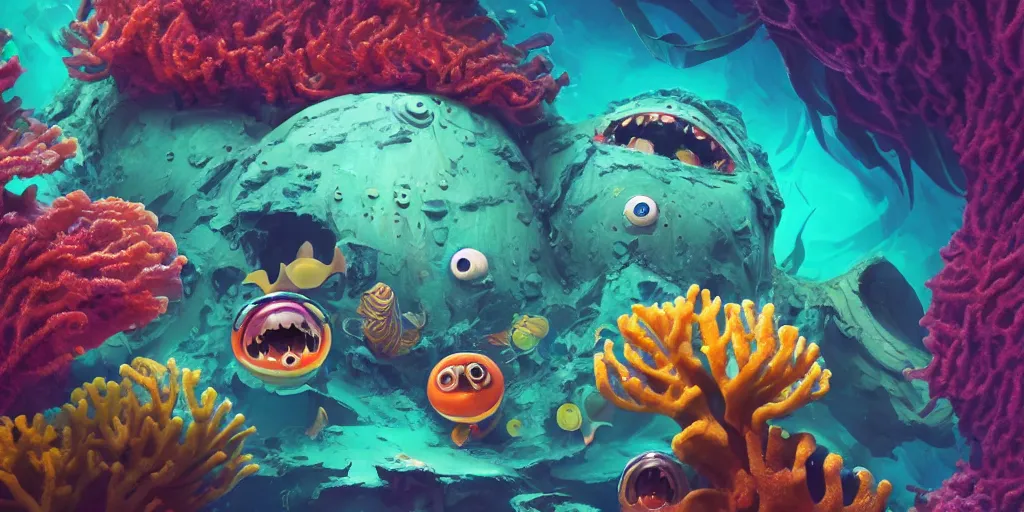 Image similar to of a colorful deep sea under water with strange cute friendly happy creatures with huge eyes, mouth, long tongue and round teeth appearing from sandy coral, in the style of gehry and gaudi, macro lens, shallow depth of field, ultra detailed, digital painting, trending artstation, concept art, illustration, cinematic lighting, photorealism, epic, octane render