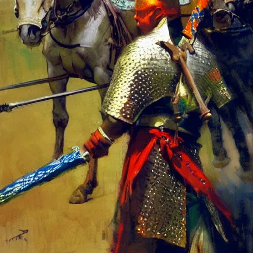 Image similar to portrait of colorful rider holding jousting lance, caparisons, chainmail, by greg manchess, bernie fuchs, ruan jia, walter everett